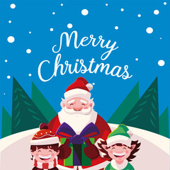 merry christmas santa with elf and boy kid vector design