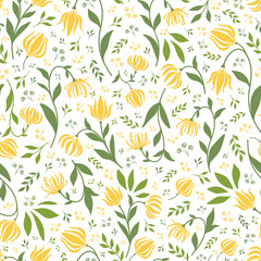 Fototapeta na wymiar Floral Seamless Pattern with Vector Ylang Ylang or Cananga Flowers, Buds, Branches and Leaves. Great for Product Packaging related to Perfumery, Cosmetics, Aromatherapy Oils, Bath Products