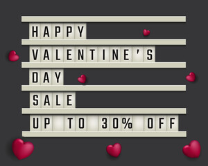 Modern board with text 'Happy Valentine&rsquo;s day Sale' on a grey background and with little pink hearts. Sale banner. Vector illustration