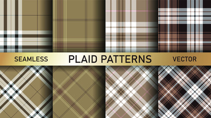 Seamless vector plaid patterns. Set of 8 tartan backgrounds. Collection of stylish geometric designs for fabric, textile, wrapping etc.	