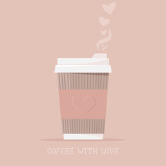 Hot coffee in a paper Cup with love. Hot drink, coffee to go. Vector illustration in flat style