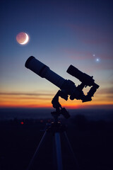 Silhouette of a astronomy telescope with twilight sky.