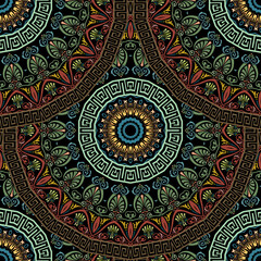 Greek floral mandalas seamless pattern. Colorful vector background. Beautiful greek key, meander ornaments. Repeat ornamental tribal ethnic backdrop. Vintage flowers, leaves, frames, circles, borders