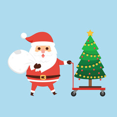 Christmas tree on a Platform Trolley vector. Platform Trolley vector. Santa Claus cartoon.