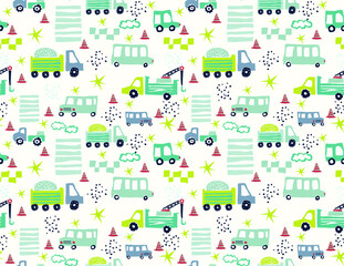 Original vector hand drawn cars are driving along the city road. Seamless pattern for boys. Childrens illustration