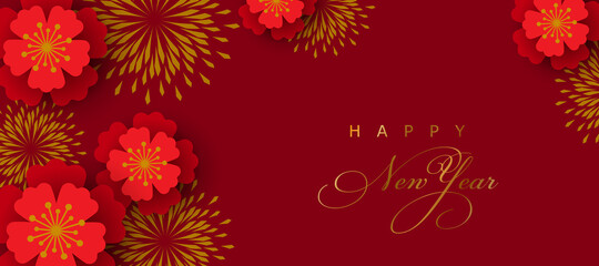 Happy New year. Chinese New year. Flowers. Chinese background. Holiday Chinese banner. Red, gold design