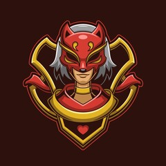 Girl head character with japanese mask for logo gaming. Mascot character face for twitch esport