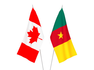 National fabric flags of Cameroon and Canada isolated on white background. 3d rendering illustration.