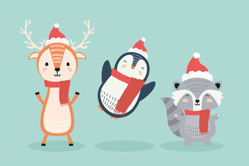 reindeer and penguin with raccoon wearing christmas clothes characters