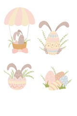 Fototapeta premium Raster Easter illustration. Easter Bunny on a balloon with a bow and eggs. Cute children's illustration in delicate colors. Sticker, postcard, print.