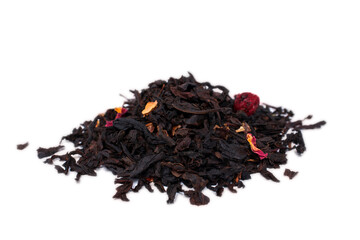Dry tea leaves with pieces of fruit and flower petals isolated on a white background. fragrant fruity black tea