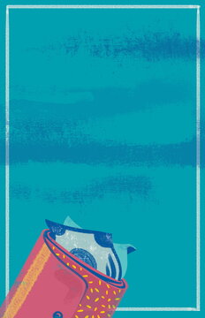 Background for poster banner space for text with a wallet at the bottom. Wallet image drawn in hand-drawn style. Paper money stick out from the side, space for text
