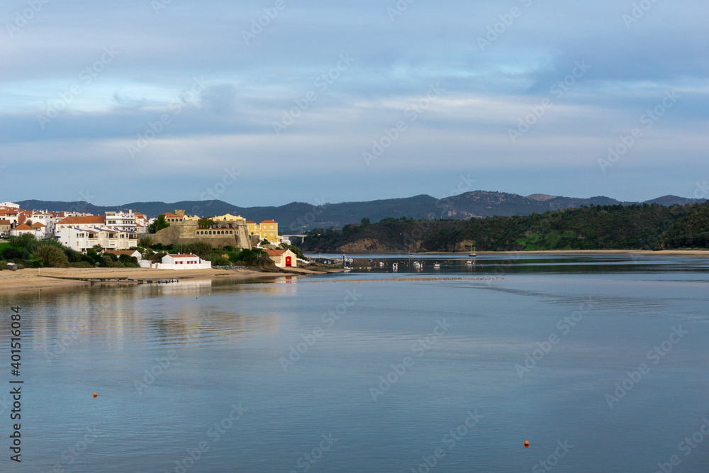 Wall mural view of the castle and village of Milfontes andthe Mira River