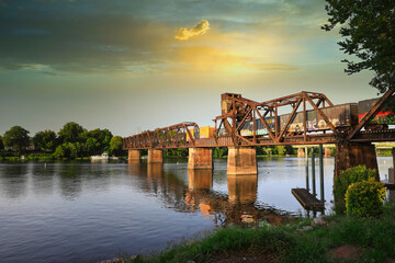 bridge, Georgia, Ga, Railway, Crossing, River, Sunset, River, Savannah, Travel, Landscape - obrazy, fototapety, plakaty