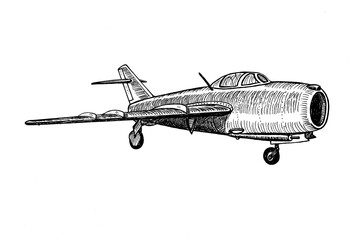 High-subsonic jet fighter aircraft hand drawn realistic sketch doodle graphics monochrome illustration on white background (originals, no tracing)