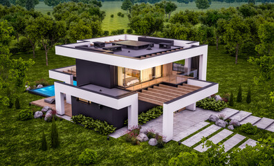 3d rendering of modern cozy house with pool and parking for sale or rent in luxurious style and beautiful landscaping on background. Clear summer evening with cozy light from window