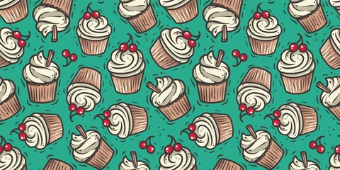 Seamless pattern wallpaper cupcake illustration, colored cream cake muffin birthday dessert