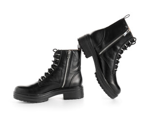 Leather female boots on white background
