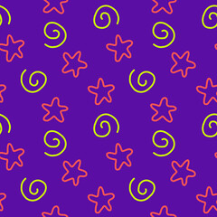 Abstract creative seamless pattern. Star, stars, spiral or helix or scroll. Child cosmic style. Night club, neon, pop-up. Purple background, wrap paper, textile, printing products design, decor.