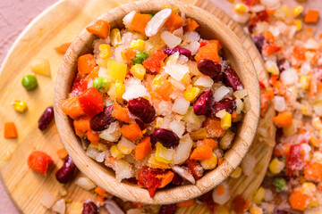 Frozen vegetables in bowl, closeup