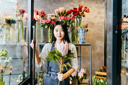 Serene young asian woman working in flower shop among vases with various blooming flowers in floral boutique. Florist takes flowers out of the fridge. Flower seller chooses flowers for future bouquet.