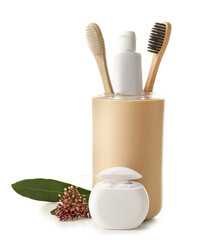 Set for oral hygiene on white background
