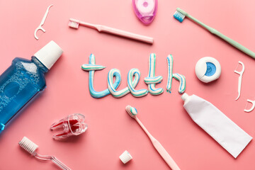Set for oral hygiene and word TEETH on color background