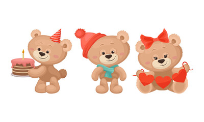 Cute Cartoon Teddy Bear Carrying Cake with Candle and Holding Heart Garland Vector Set