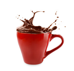 Cup with splash of hot chocolate on white background