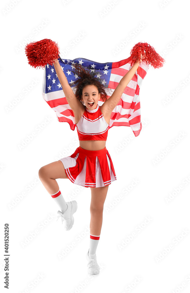 Sticker Beautiful young cheerleader with USA flag on white background