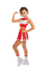 Beautiful young cheerleader on white background