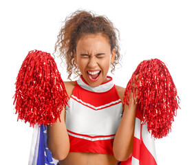 Emotional cheerleader with USA flag on white background