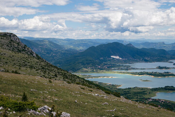Aerial view of the lake in the mountains