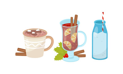 Hot Chocolate with Marshmallow and Hot Mulled Wine in Mug and Glass as Traditional Christmas Drink Vector Set