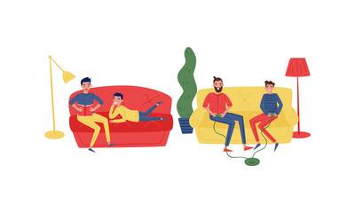 Young Father and His Son Playing Video Game with Console Panel and Reading Book Vector Illustration Set