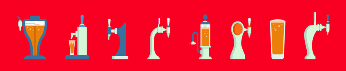 set of beer pump cartoon icon design template with various models. vector illustration isolated on red background