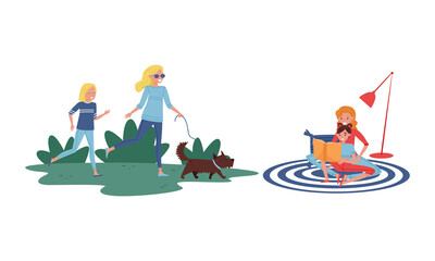 Young Woman with Her Daughter Walking the Dog and Reading Book Vector Illustration Set