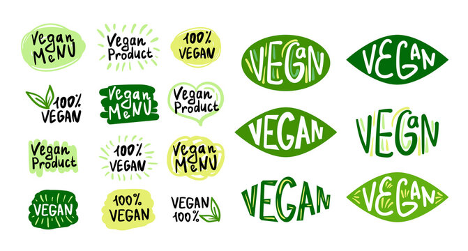 Vector eco, organic, bio logos or signs. Vegan, raw, healthy food badges, tags set for cafe, restaurants, products packaging etc.