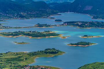 Aerial view of the lake in the mountains