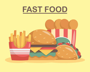 bundle of four fast food set icons and lettering