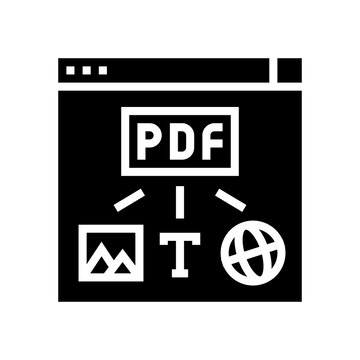 image, text and web site page to pdf file glyph icon vector. image, text and web site page to pdf file sign. isolated contour symbol black illustration