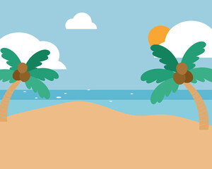 Fototapeta na wymiar Sea view with coconut tree and blue sea and sunny weather. Cartoon vector style for your design.