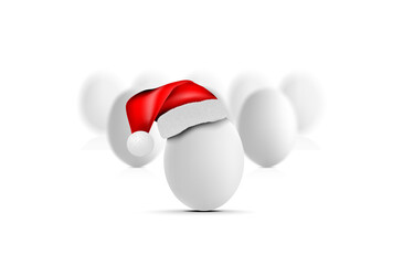 Chicken or ostrich eggs with santa claus hat. Vector illustration on white