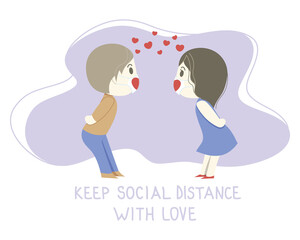 Love in quarantine times. Boy and girl protective medical masks with hearts.