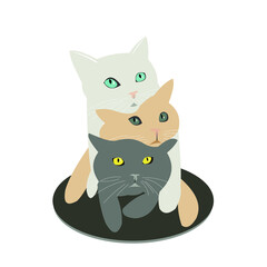 Three cute cats lie on top of each other together. Pets beautiful fluffy animals for fashionable prints on clothes, dishes, textiles. Vector illustration.
