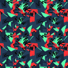 Seamless abstract urban pattern with curved geometry elements and wave grunge lines