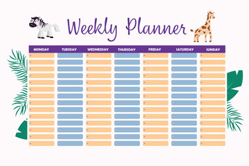 Weekly planner kids safari in cartoon style. Calendar design template. Cartoon vector illustration. Vector template collection. Funny cartoon character. Planner design. Vector, isolated.