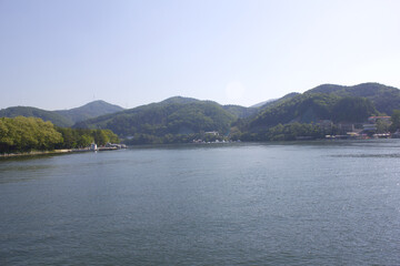 Scenery with mountains and rivers. North River on the way to Nami Island.