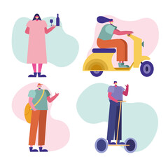 group of people wearing medical masks practicing activities characters