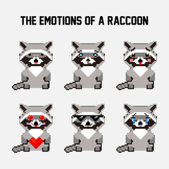 Pixel art. The Emotions Of A Raccoon. Cartoon drawings. Vector illustration for web design or print.